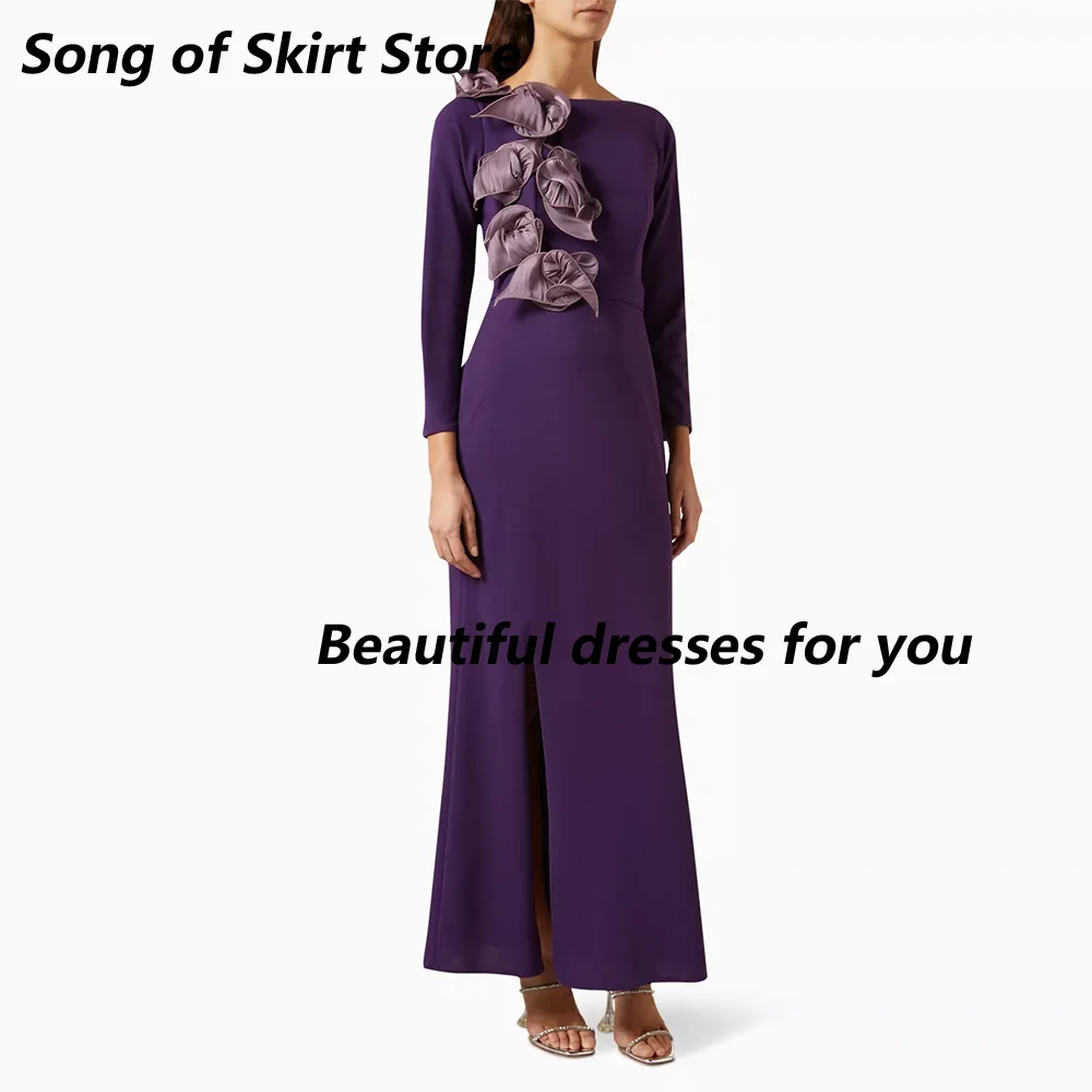 

Arabian Purple Jersey Flwoers O-Neck Evening Dress Long Sleeves Mermaid Ankle Length Saud Prom Gown Party Dresses Customized