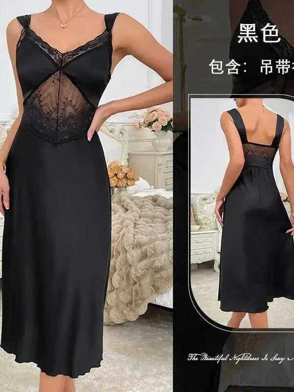 Sexy Nachtwäsche Damen rückenfrei tiefes V-Hosenträger ärmelloses Nachthemd Satin Pure Desire Spitze Französisches High-End-Hauskleid DE9Y