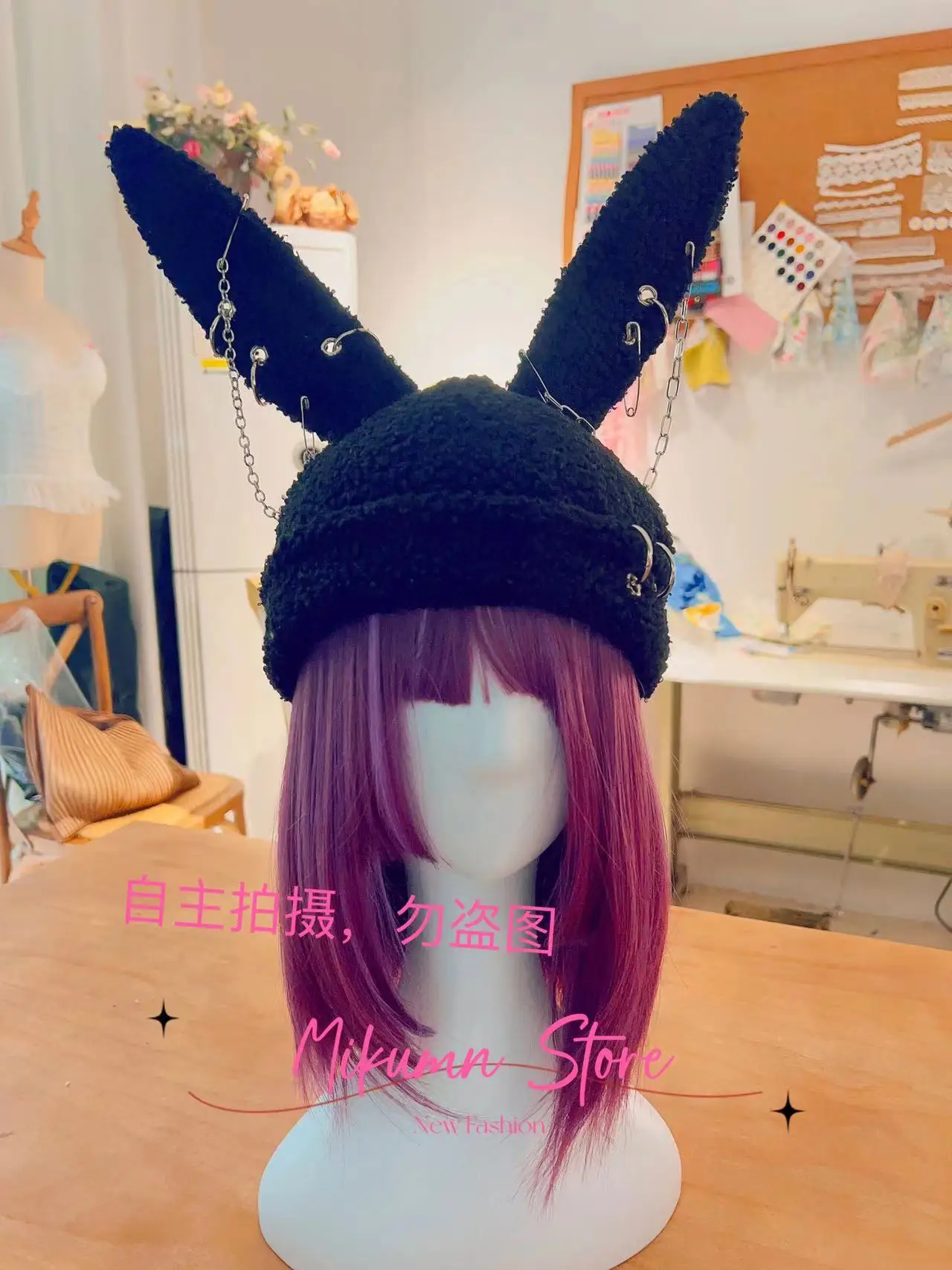 Gothic Grunge Rabbit Ear Hat Harajuku Y2k Punk Chain Pin Metal