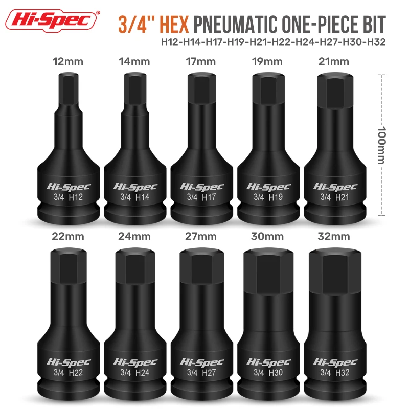 Hi‑Spec 3/4'' Hex Pneumatic Impact Bit Socket Set – 12‑32mm One‑Piece Hex Driver Sockets for Air Impact Wrench & Truck Wheel