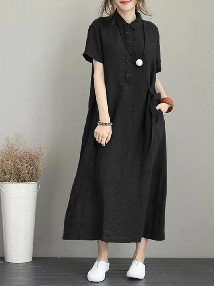 Women Summer Dress ZANZEA Vintage Maxi Sundress Fashion Solid Lapel Button Pockets Vestidos Casual Elegant Shirt Dresses Robe