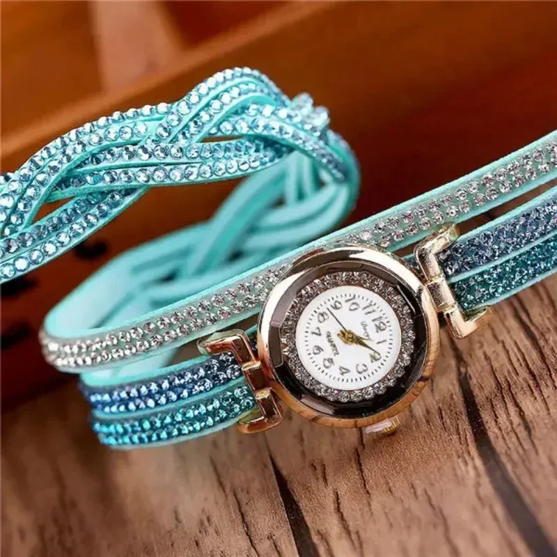 Casual Gold Quartz Watch Women Rhinestone Fashion Braided Leather Bracelet Watch Gift Ladies Wristwatch Relogio Feminino Gifts