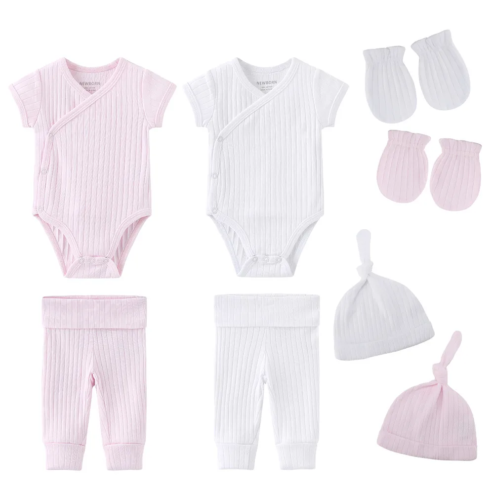 8Pcs/lot Unisex Bodysuits+Pants+Gloves+Hats Newborn Baby Clothes Gift Set 100%cotton Solid Color Infant Boy Girl Clothes Set