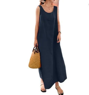 休暇ルーズロングドレスコットンリネンポケットラウンドネックノースリーブドレス女性の夏のヴィンテージ Vestido Feminino ロングローブ 2025