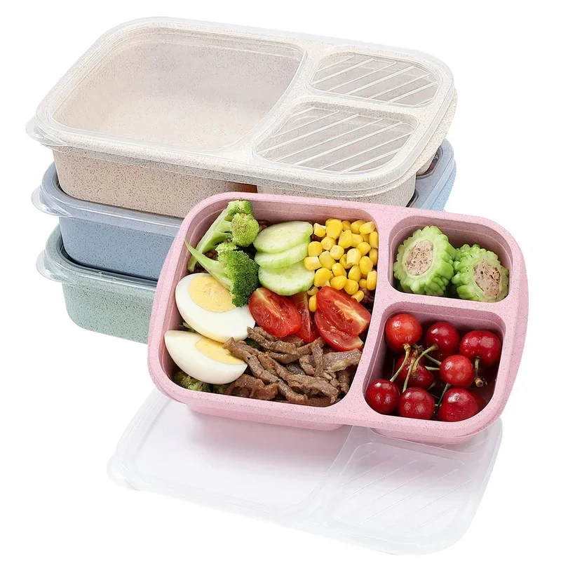 1-4pcs Bento Lunch Box Set 3 Compartment Food Storage Containers Wheat Straw Meal Prep Lunch Box Plastic Food Storage Containers