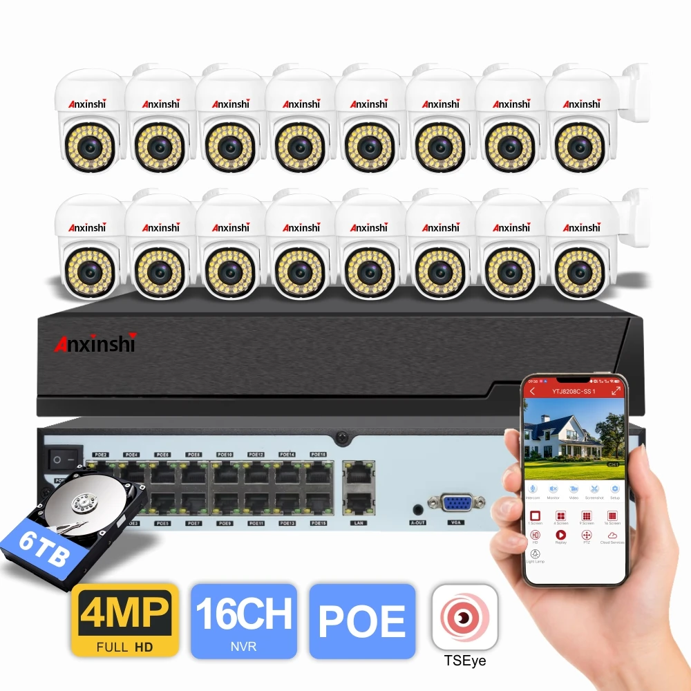 

Anxinshi 4MP 16CH POE NVR Система Широкоугольный двусторонний аудио PTZ Комплект камер видеонаблюдения с 1-летней гарантией Камера видеонаблюдения