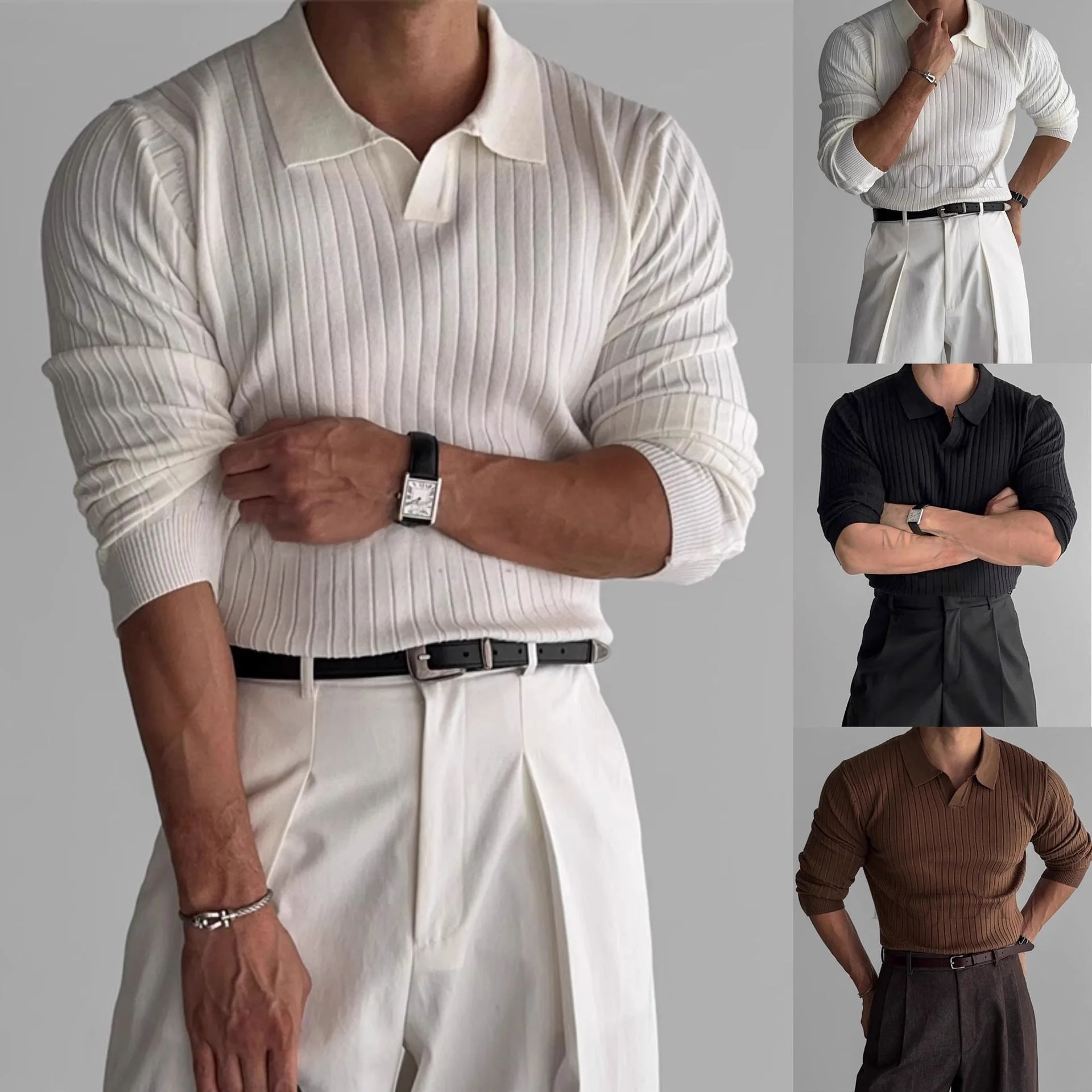 

Spring Autumn New Sle Men's irt Long Sve Knitted Sweater Slim Fit Busin Casual Faion Cross-Border round Ne