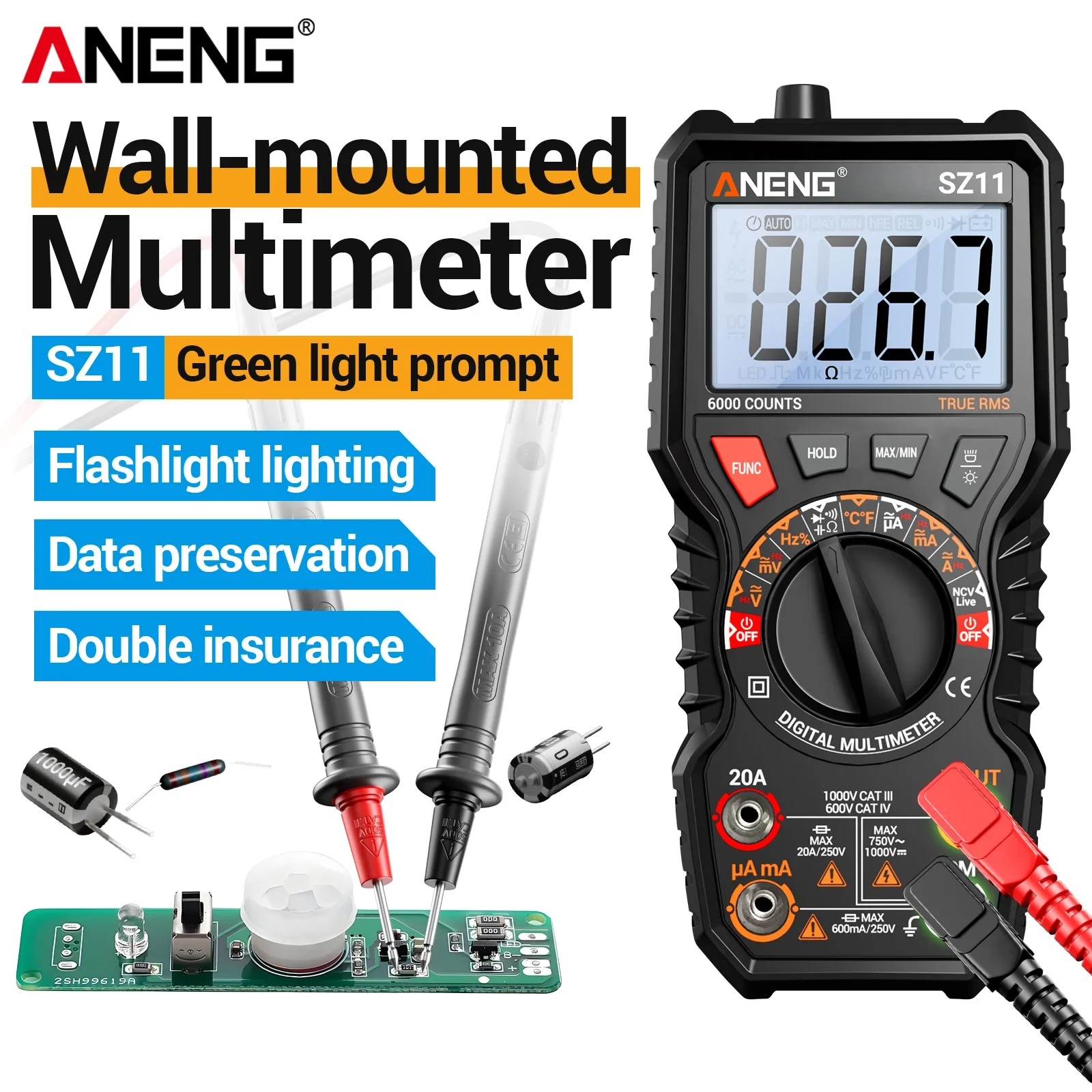 ANENG SZ11 Digital Multimeter 6000 Counts 1000V AC/DC 20A NCV Dual Temp Capacitance Hz Duty Cycle Backlight Flashlight Data Hold