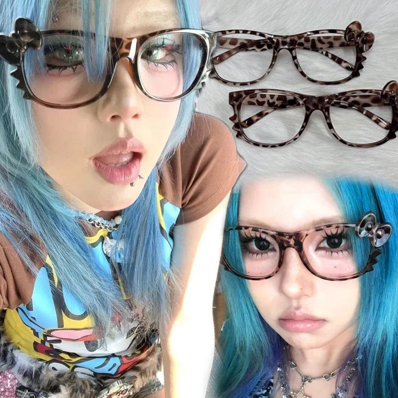 Y2K Leopard Print Eyeglass Frame Women Girls Retro Bow Tie Comfortable Eye Glasses Cute Cosplay Party Eyeglasses Fashion Gifts