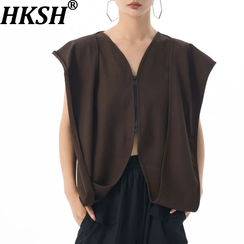 

HKSH весна осень новый женский жилет с капюшоном на молнии сплошной цвет универсальная уличная одежда повседневная нерегулярная куртка без рукавов HK17573