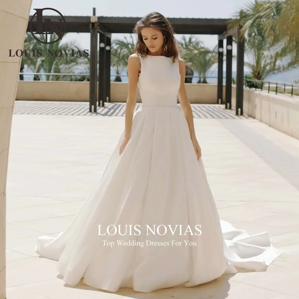 LOUIS NOVIAS-Vestidos de casamento sem mangas de cetim para mulheres, apliques vintage, botão, vestido princesa noiva, 2024