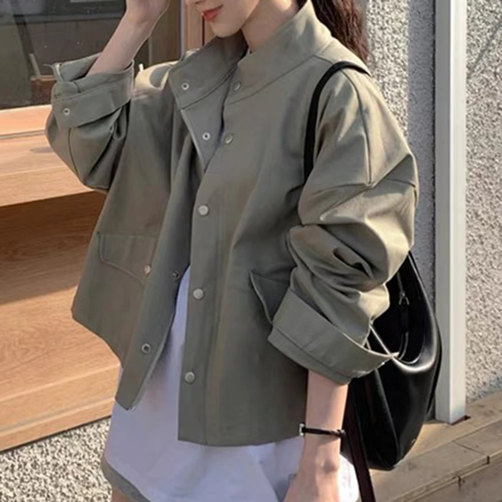 

Однотонная женская повседневная куртка, пальто с длинными рукавами, карманами и воротником, свободная уличная одежда для различных случаев