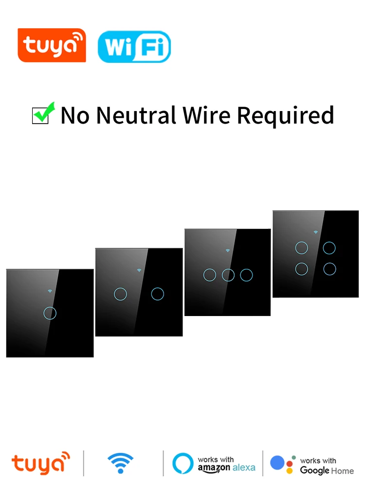 WIFI Wok avec interrupteur tactile intelligent Tuya, interrupteurs LED sans fil à télécommande, sans fil neutre requis, 1 à 4 groupes, compatible Alexa Google