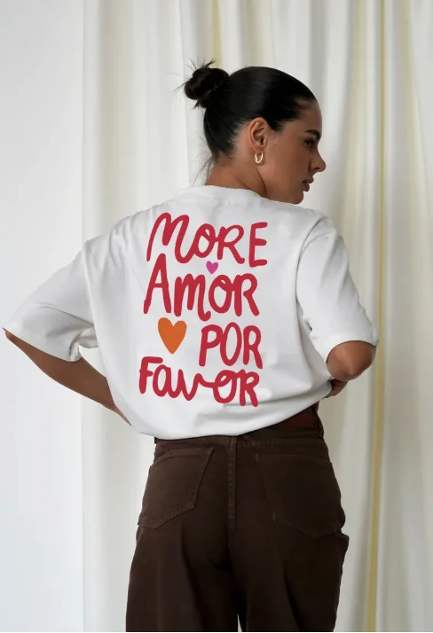 2026  MORE AMORE POR FAVOR Women's Casual Short Sleeve Crew Neck T-Shirt Pink Print with Hearts Harajuku Short Sleeve Casual