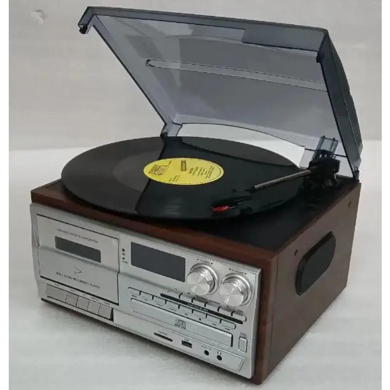 2025 New Retro Vinyl Multi Functions Record Player Turntable 3-Speed Phonograph with AM/FM Radio CD/Cassette