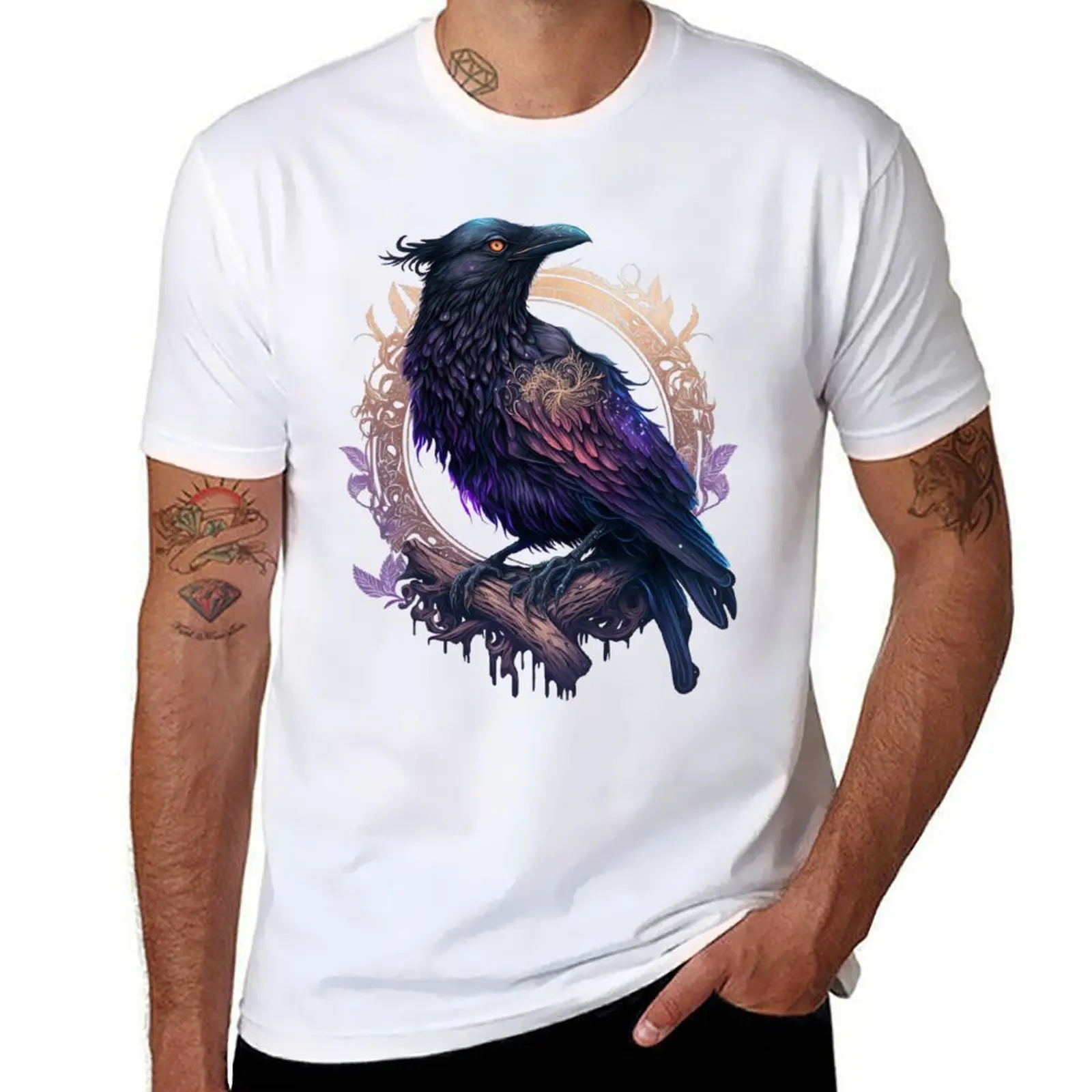 Highly Detailed Vivid Magical Raven - Blackbird - Crow T-Shirt Work Outdoor Short Sleeve Tee
