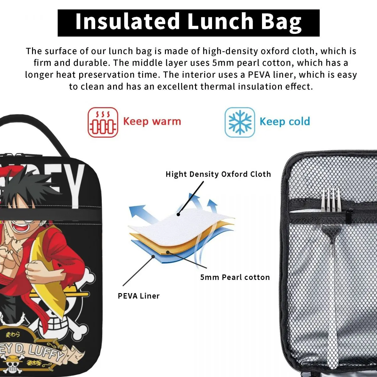 Monkey D Luffy One Piece Anime Insulated Lunch Bag Thermal Bag  Meal Container Portable Lunch Box Tote Men Women Office Outdoor