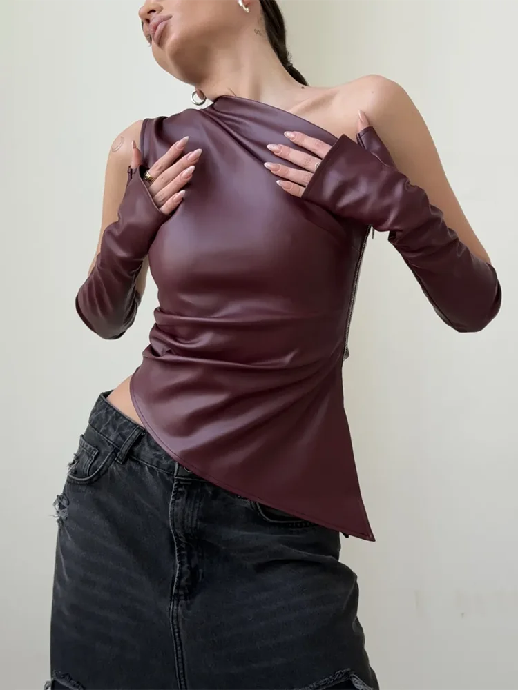 Trendix skośny kołnierzyk PU Top seksowny asymetryczny Off ramię wąska odzież uliczna zbiorniki moda elegancka kamizelka na jedno ramię Clubwear 2024