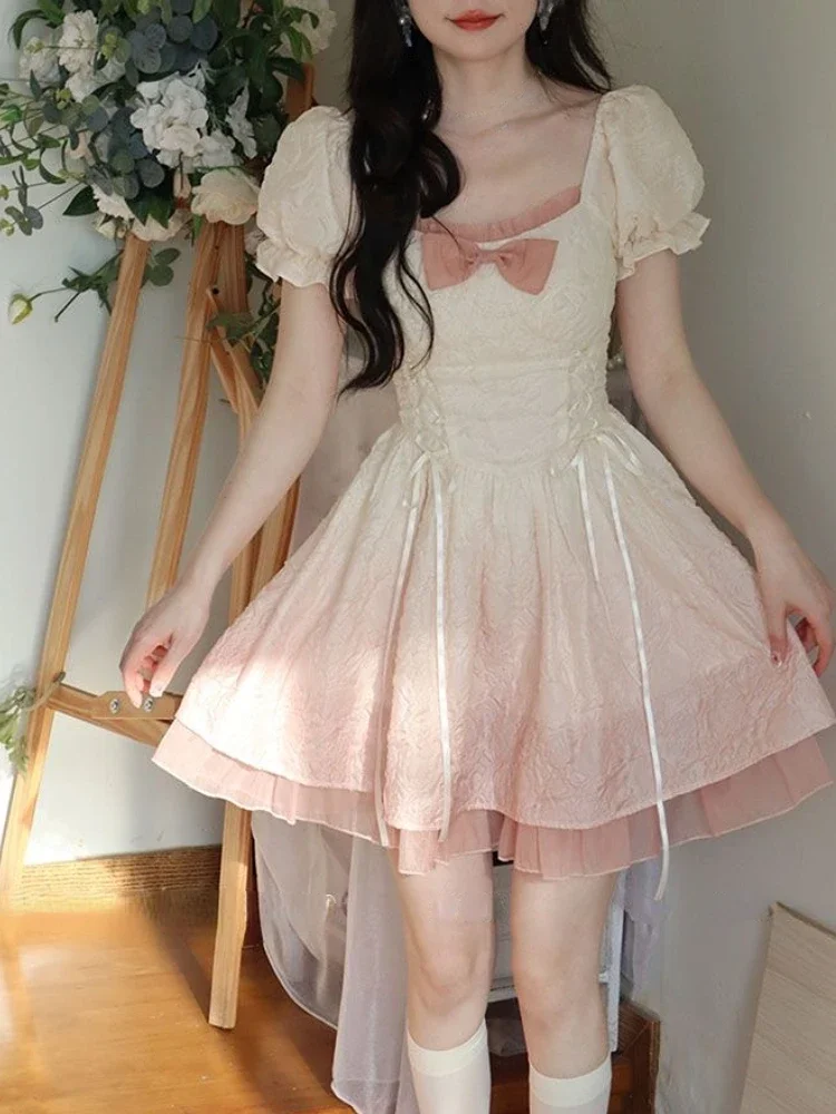 Bubble Sleeve Kawaii Lolita Mini Dress Women Pink Bow Princess Sweet Party Cute Dress A-Line Elegant Fairy Dress 2024 Spring New