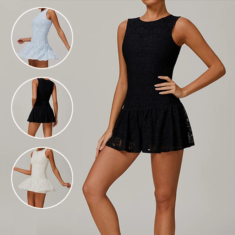 Summer Lace Yoga Tennis Dress Women Sleeveless Slim Yoga Gym Dress Ladies Pleated Quick-Dr Workout Tennis Skirt with Short