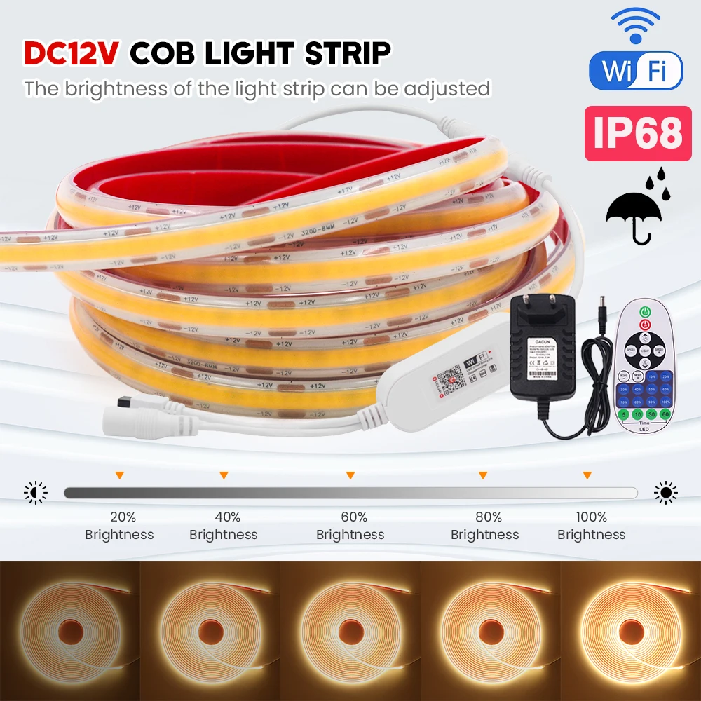 DC 12V IP68 Waterproof COB Strip WIFI Control Dimmerable 320Leds/M RA90 3000K 4000K 6000K Flexible Ribbon Rope FOB LED Light