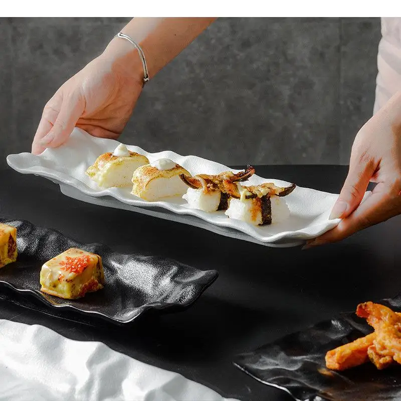 Ceramic Dinner Plate Restaurant Pleated Texture Sushi Sashimi Snack Plates Fish Solid Color Cutlery