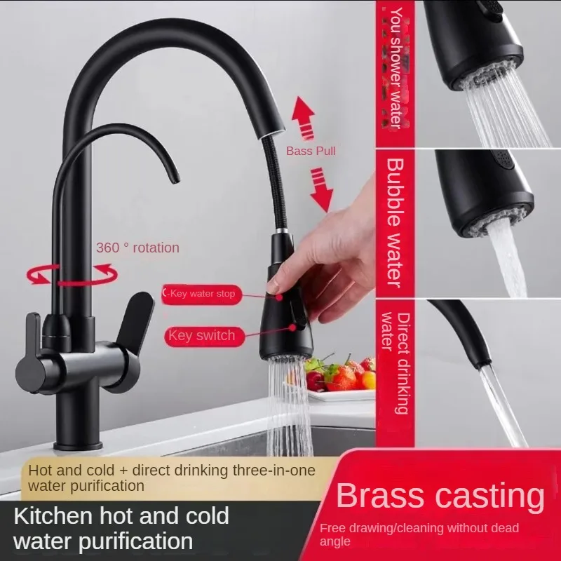 Matte Black Kitchen Faucet Pull-Out Sprayer 360 ° Rotation 3-Way Water Filter Mixer for Kitchen Sink
