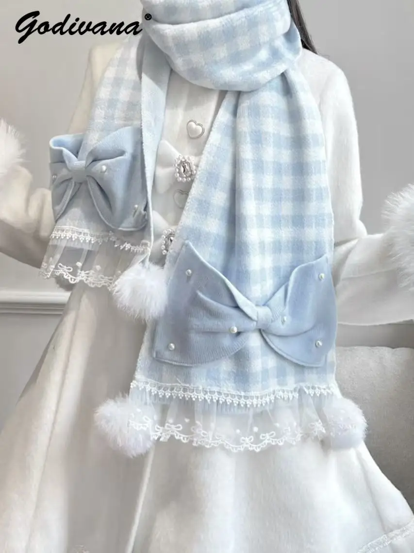 

Японская серия Mine, массовое производство, вязаный шарф с меховым шариком и жемчужным бантом, милые женские милые зимние шарфы в стиле Лолиты для девочек