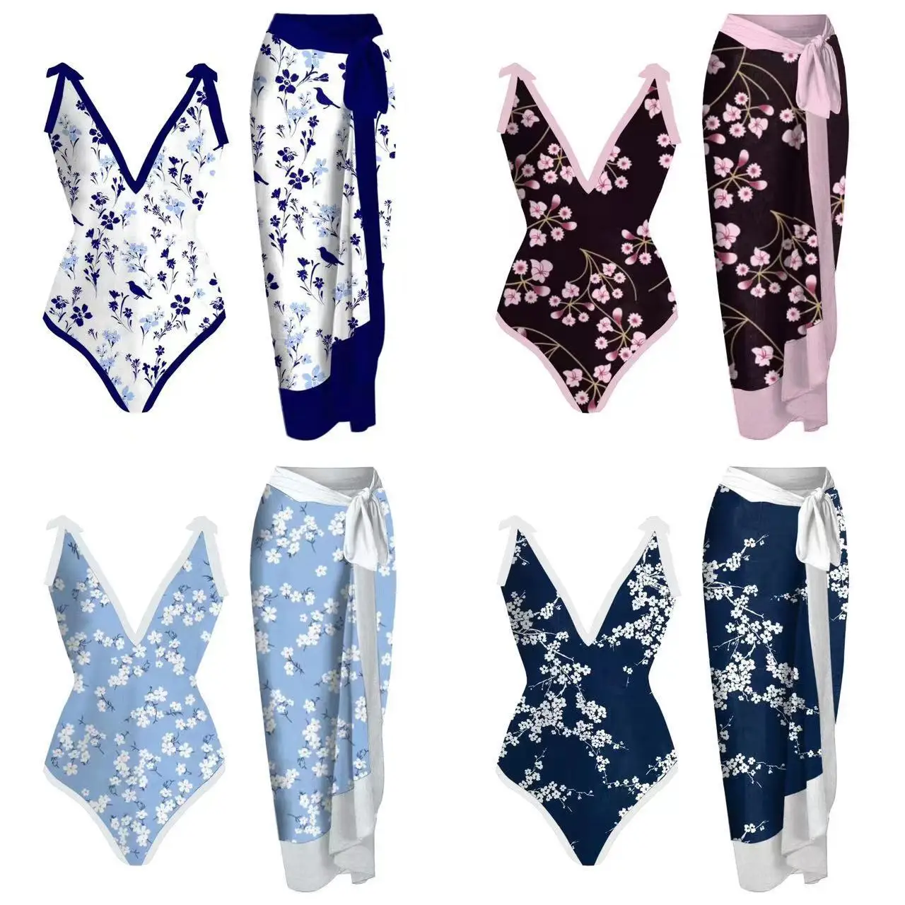 

2025 new European and American retro swimsuit conservative one-piece hot spring swimsuit set printed chiffon gauze skirt two-pie