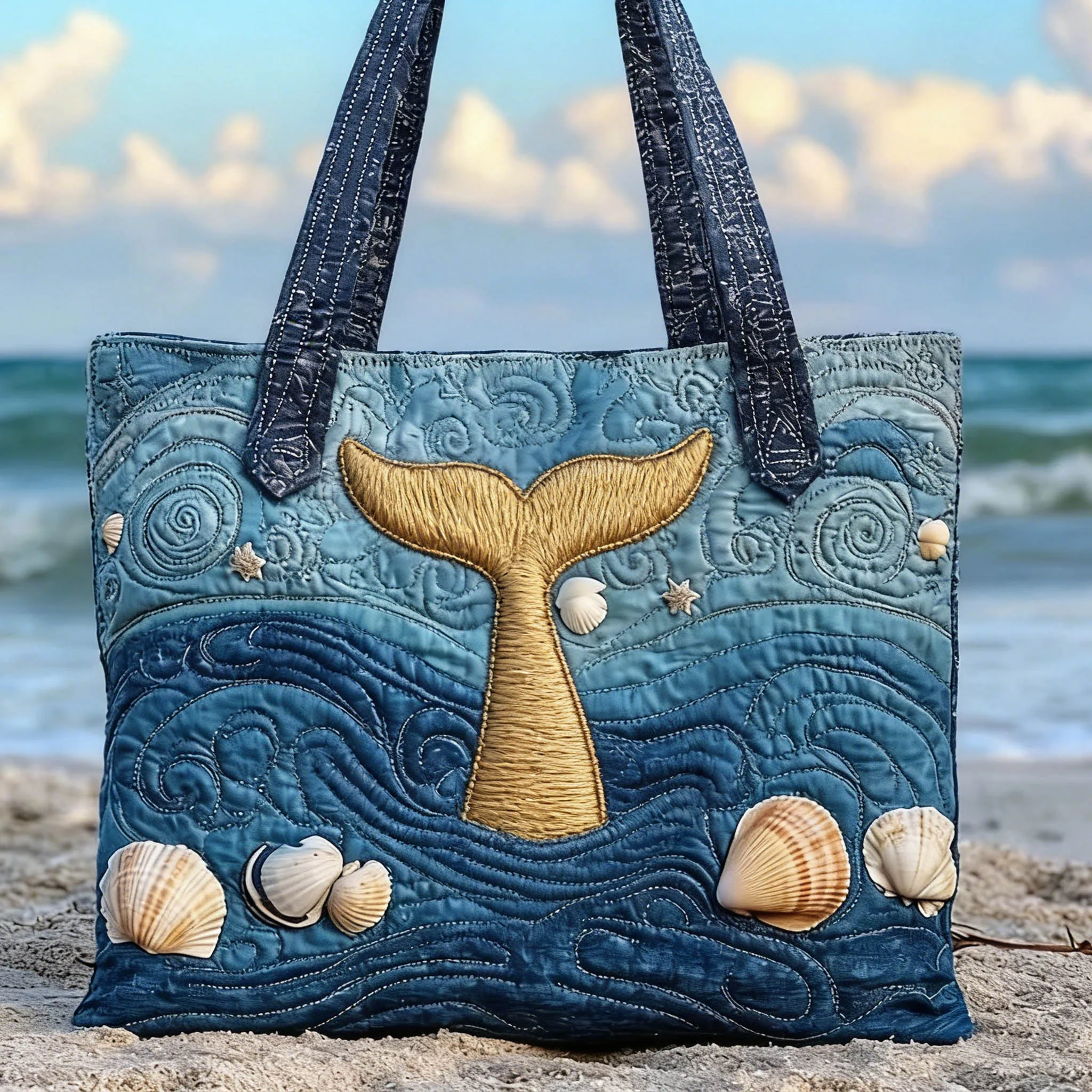 

Стеганая сумка-тоут для женщин и мужчин с декором в виде хвоста кита и ракушек, легкая дорожная сумка через плечо для отпуска