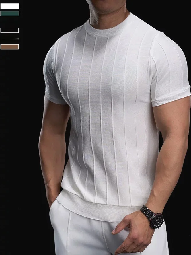 

American Style Hard Man Knitted Shirt Men's Slim Fit Elastic Short Sleeve Waist Cinched Sports Sweatshirt Breathable Lightweight