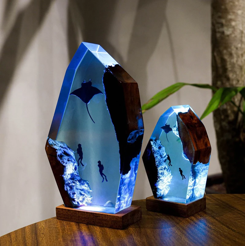 Mar mundo organismo resina mesa luz, arte criativa decoração lâmpada, manta raios, água-viva divers tema, luz noturna, carga usb