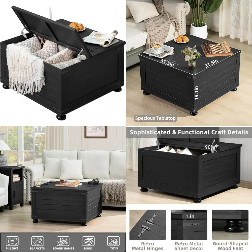 

Rustic Large Living Room Coffee Table with Flip-Top Storage, Square Wood Centerpiece for Modern Farmhouse Decor