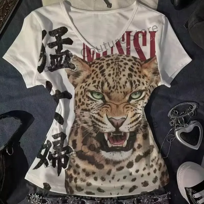 American spice leopard print sleeveless T-shirt female personality fierce female Chinese character slim slimming top.