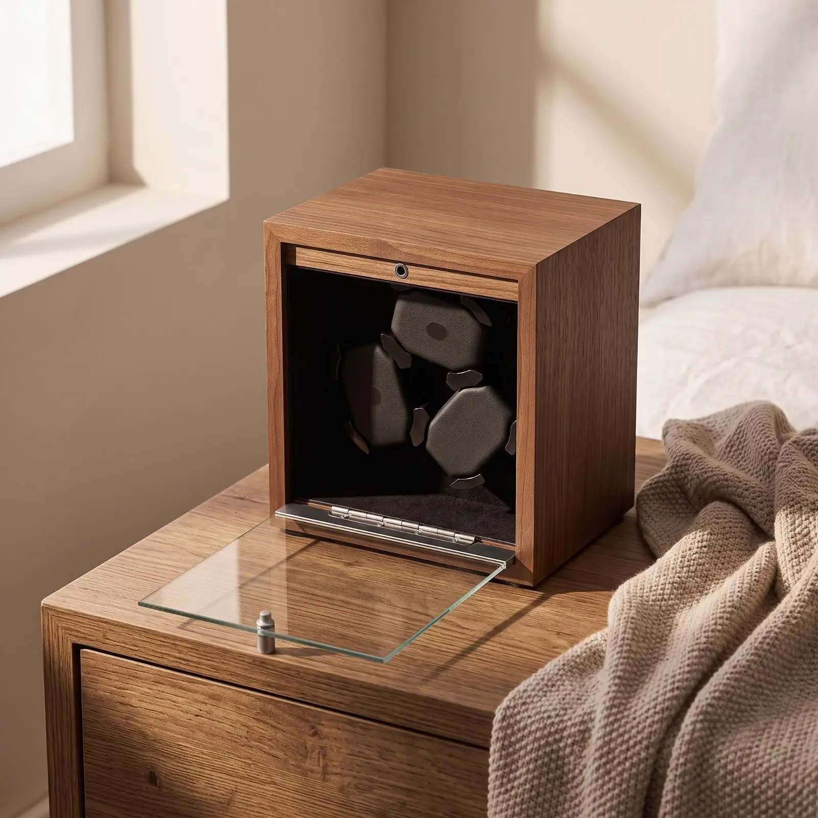 Automatic Watch Winder Carbon Fiber Texture Cabinet Glass Front Three Slot Organizer for Dresser Display