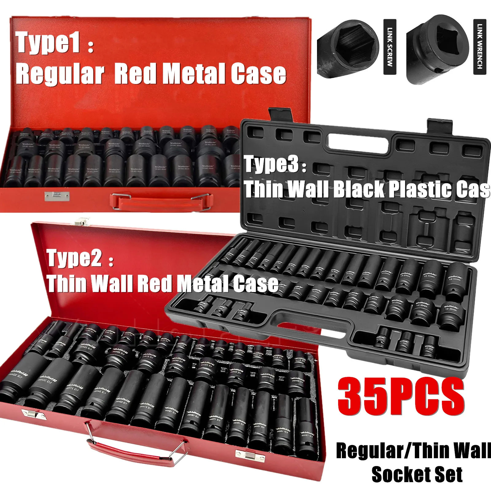 WinHolder 35Pcs Deep Impact Socket Set Regular/Thin Wall Socket 1/2
