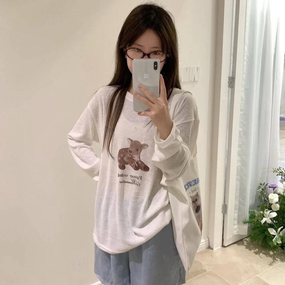 Summer New Women's Printed T-Shirt Shoulder Print Sunscreen Loose Breathable Long Sleeve round Neck Polyester Base Shirt