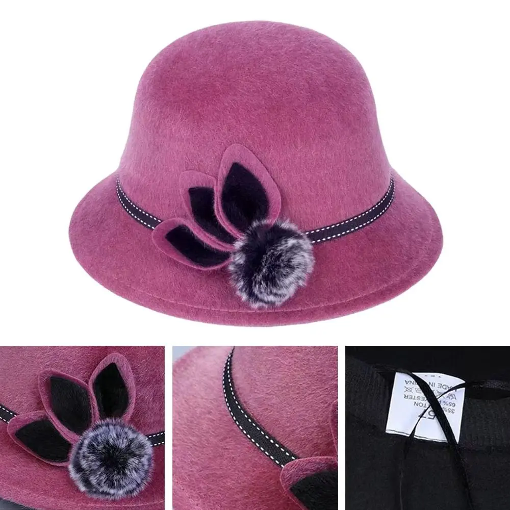 Ladies Bowler Hat Casual Basin Hat With Flower Fedoras Cap Dome Hat Wool Hats