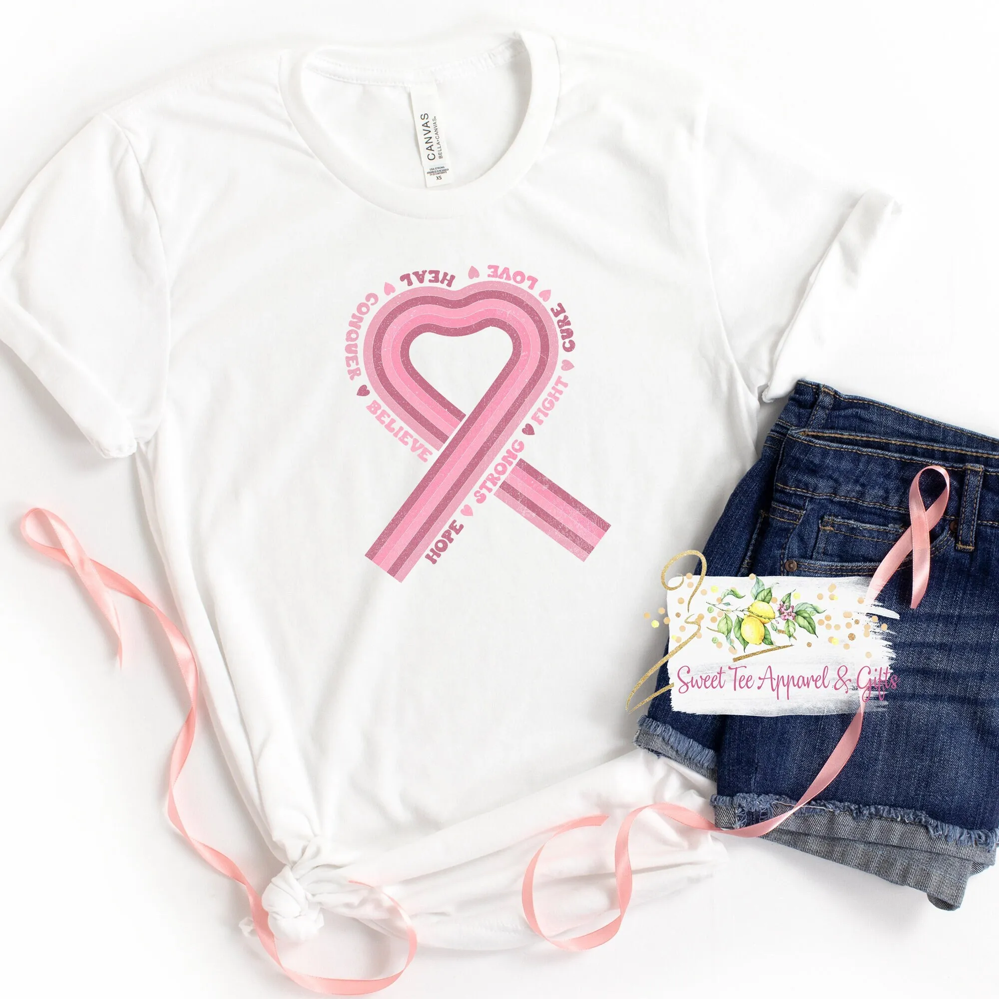 Breast cancer awareness ribbon Hope Fight Love Cure Strong Heal Courage Believe for friend T shirt