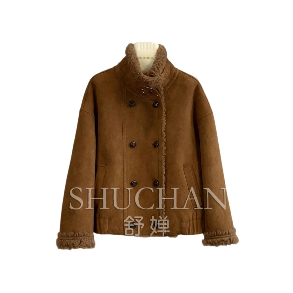2026 winter Huge good to wear all-wool Maillard locomotive double-breasted sheep shearing fur integrated wool granules warm jack