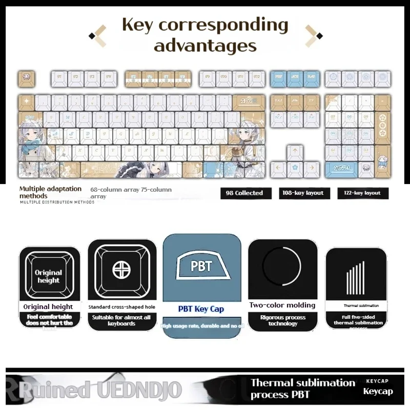 Cute Frieren Anime Theme Keycaps 122keys PBT Keycap Cherry Profile For AULA F75 F108 Mechanical Keyboard DIY PC Game Accessories