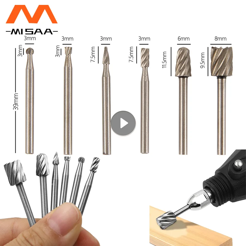 6PCS Rotary Cutter File HSS Routing Router Drill Bits Set Carbide Rotary Burrs Tool Wood Stone Metal Root Carving Milling Cutter