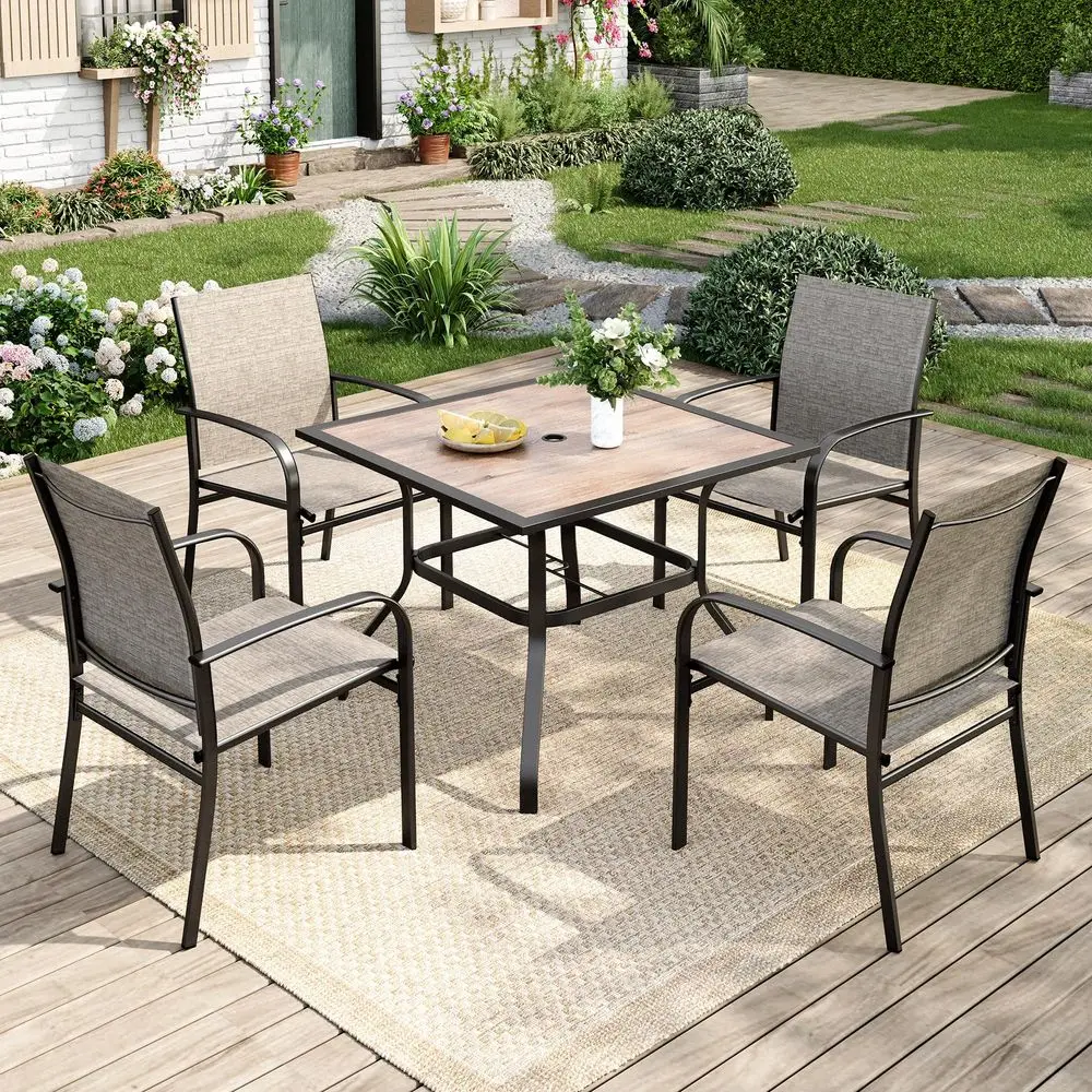 

5 Pieces Patio Table and Chairs Set, 4 Person Outdoor Dining Furniture Set, 4 Brown Textilene Chairs and 37 WoodLike Table Top
