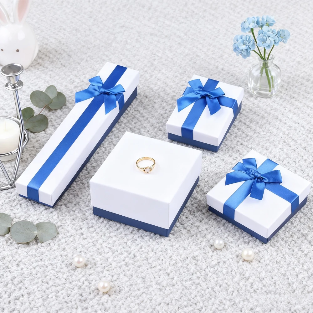 

Портативные коробки, 24 шт./лот, ювелирные изделия, кольца, серьги, ожерелье, органайзер, коробка с синим бантом, свадебный тревал, бизнес