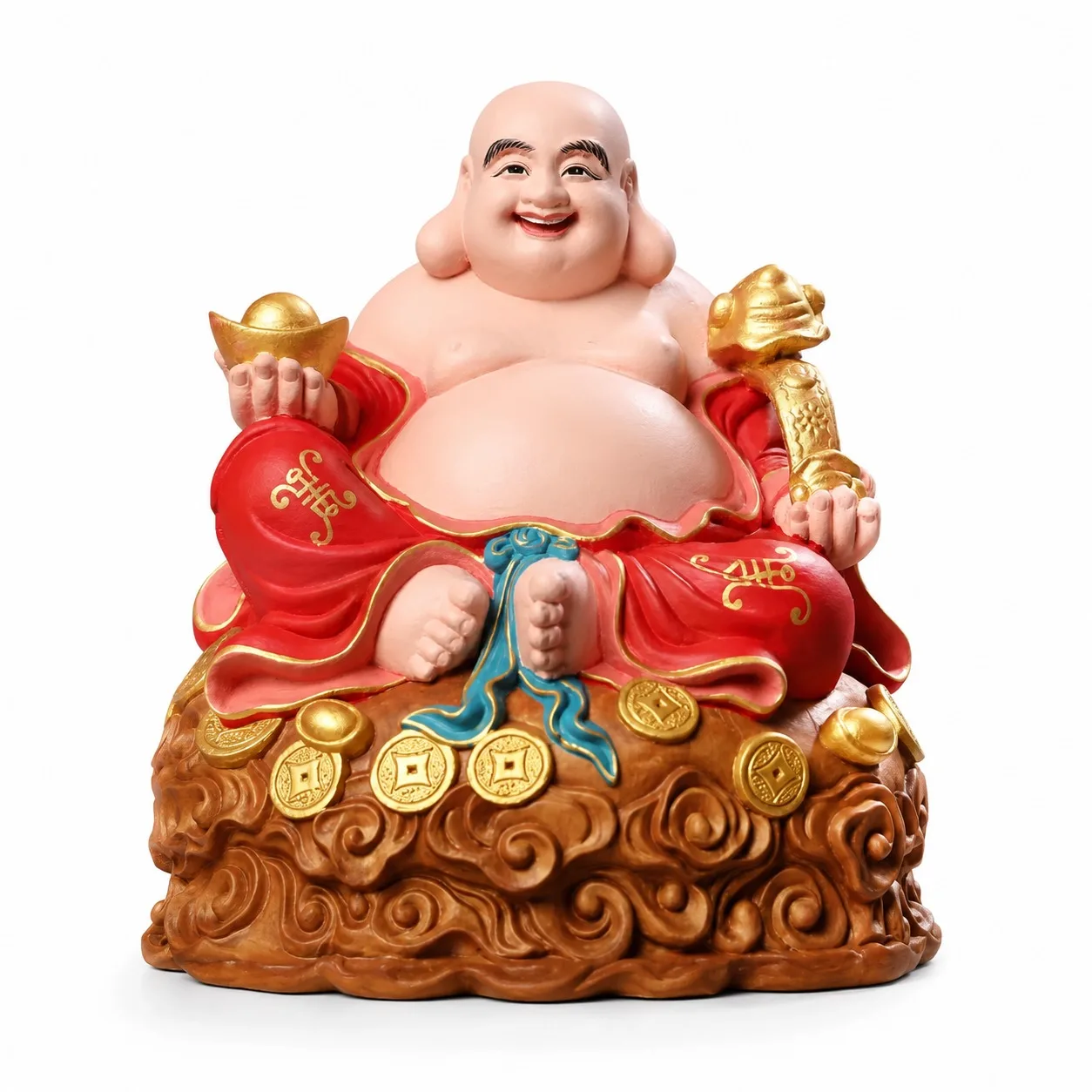 Hand Carved Hinoki Wood Maitreya Buddha Smiling Figurine 7.1 Inch Chinese Traditional Zen Statue for Home Living Decor Gift