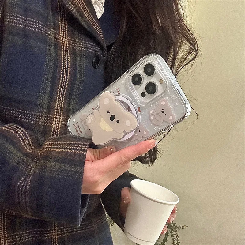 Magnetic cartoon splashed ink koala phone case with holder For iPhone 11 12 13 14 15 16 pro max