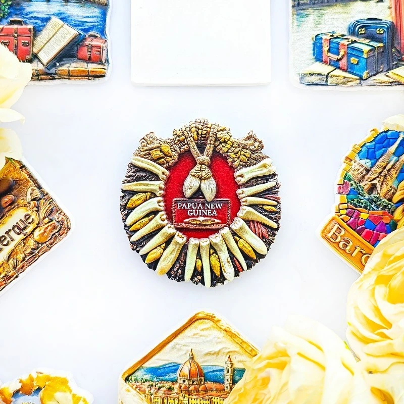 بابوا غينيا الجديدة القبلية قلادة مغناطيس الثلاجة - ثلاثية الأبعاد الفن الأصلي تذكارية قذيفة وديكور ريشة هدية المحيط الهادئ الفريدة