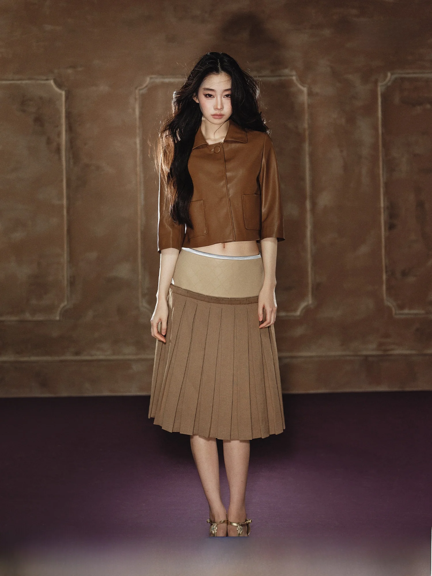 

AGAM Miu Versatile ort Leather Jaet A-Line Seven-Sve Design lectual Sle Women's Outerwear Casual Sle Stand...