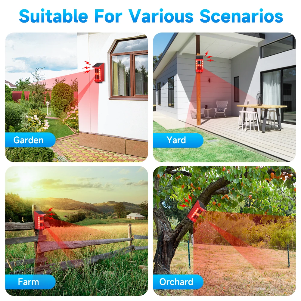 Wsdcam Solar Sound Light Alarm Strobe Security Alarm Motion Sensor Alarm with Remote Control for Outdoor Backyard Garden