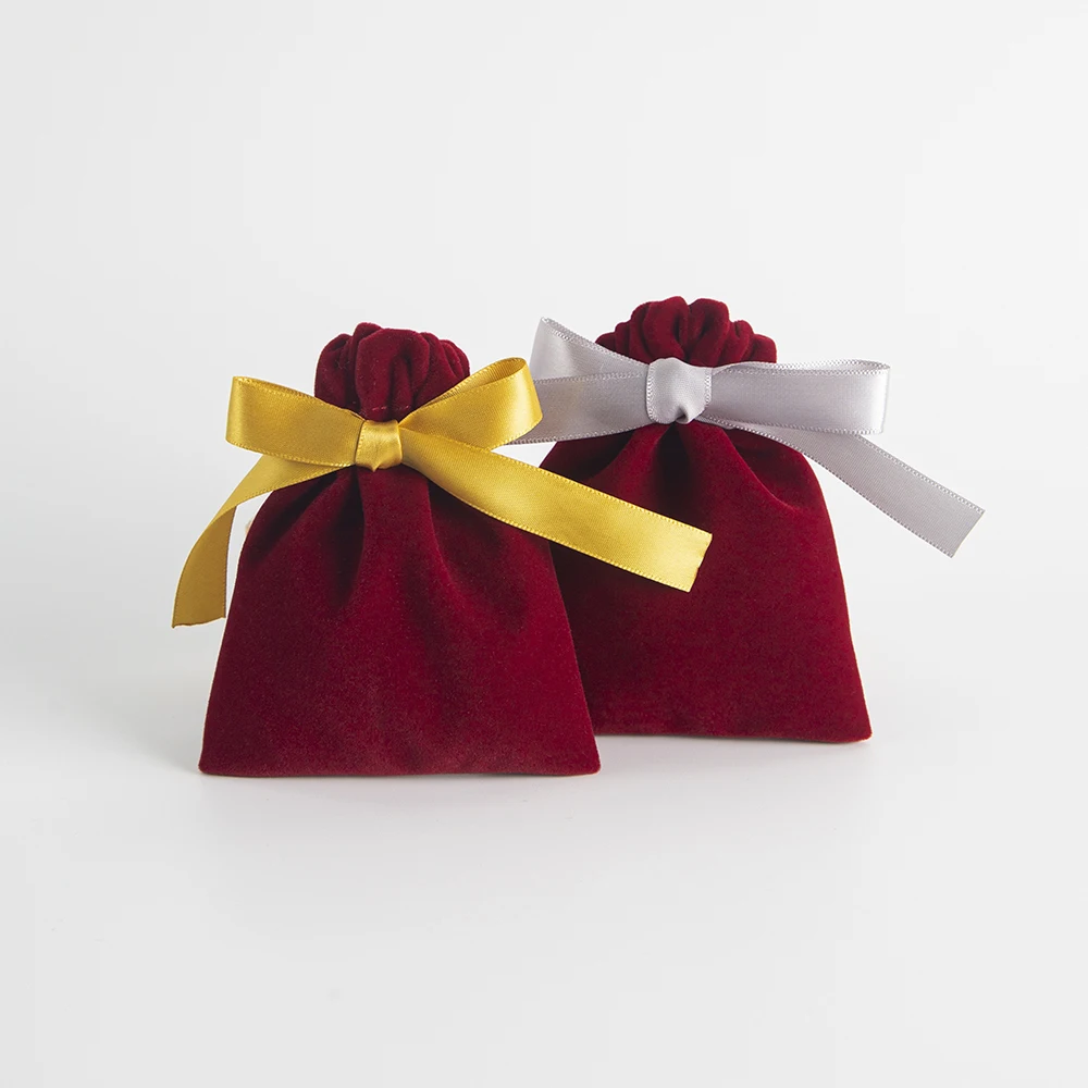 10pcs Wine Red Candy Gift Jewelry Organizer Packing Bags Velvet Ribbon Drawstring Dust Pouches Wedding Favors Travel Storage